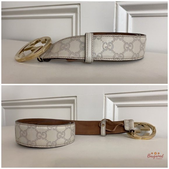 Authentic Gucci Cream Guccissima Leather Gold Interlocking G Buckle Belt 85/34 - Picture 10 of 13
